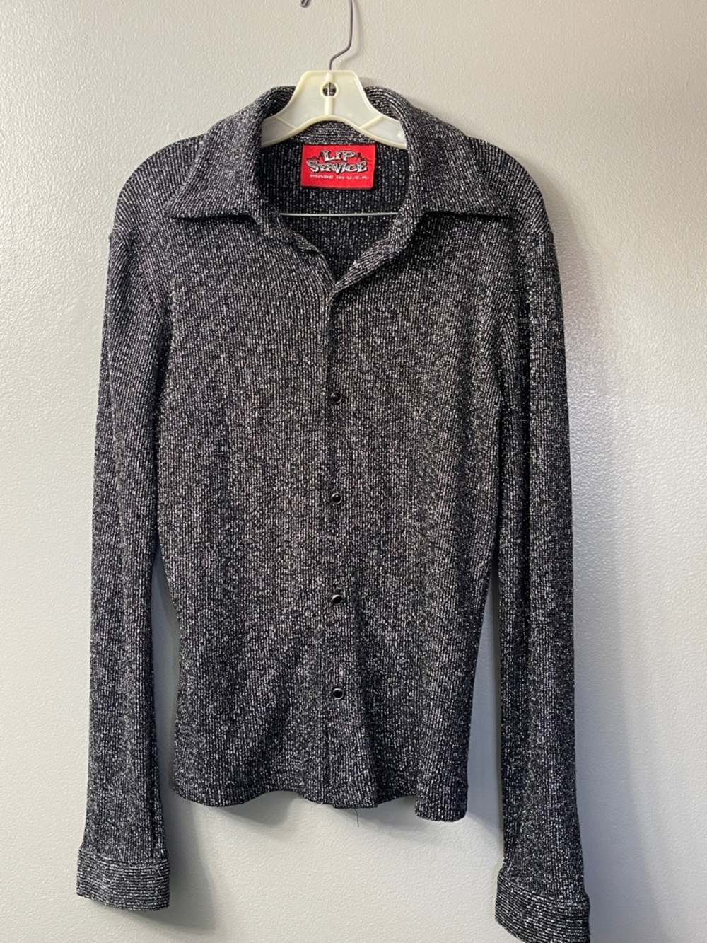 Lip Service vintage silver glitter metallic brand button-up top made in the USA.